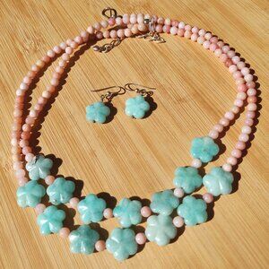 Jay King Angel Skin Coral Amazonite flower 2 Strand necklace earrings 925 Sterli